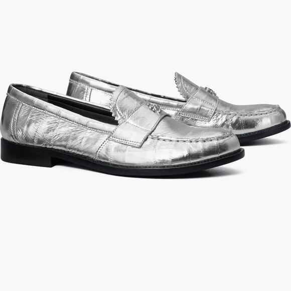 Tory Burch Shoes - NEW Tory Burch Perry Leather Slip On Loafer Flats Metallic Silver Women Size 9M